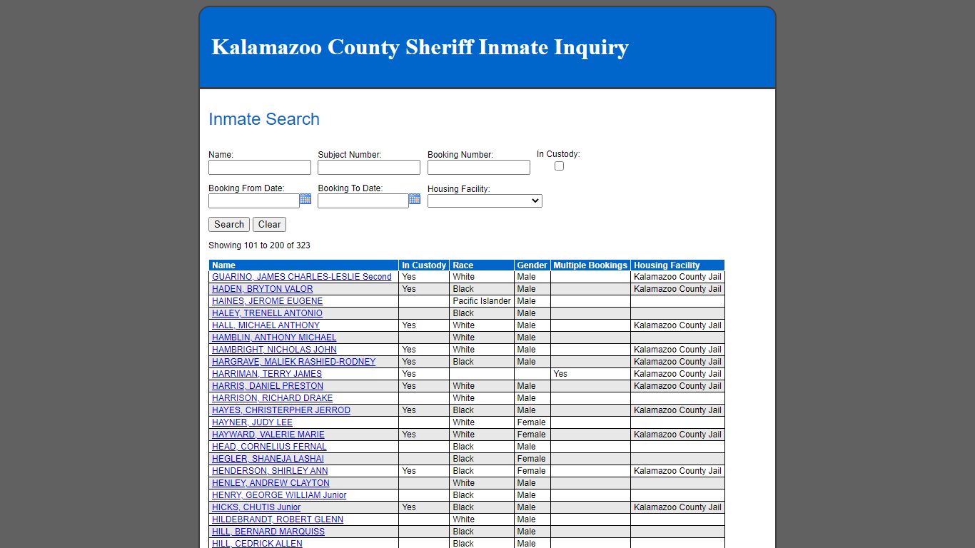 Inmate Search - Kalamazoo County County Consolidated Dispatch