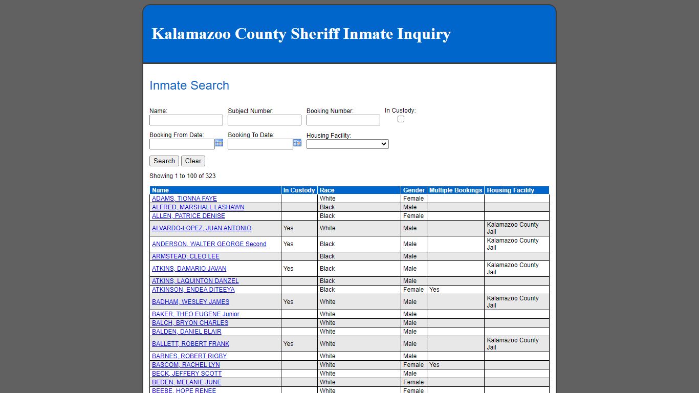 Inmate Search - Kalamazoo County County Consolidated Dispatch
