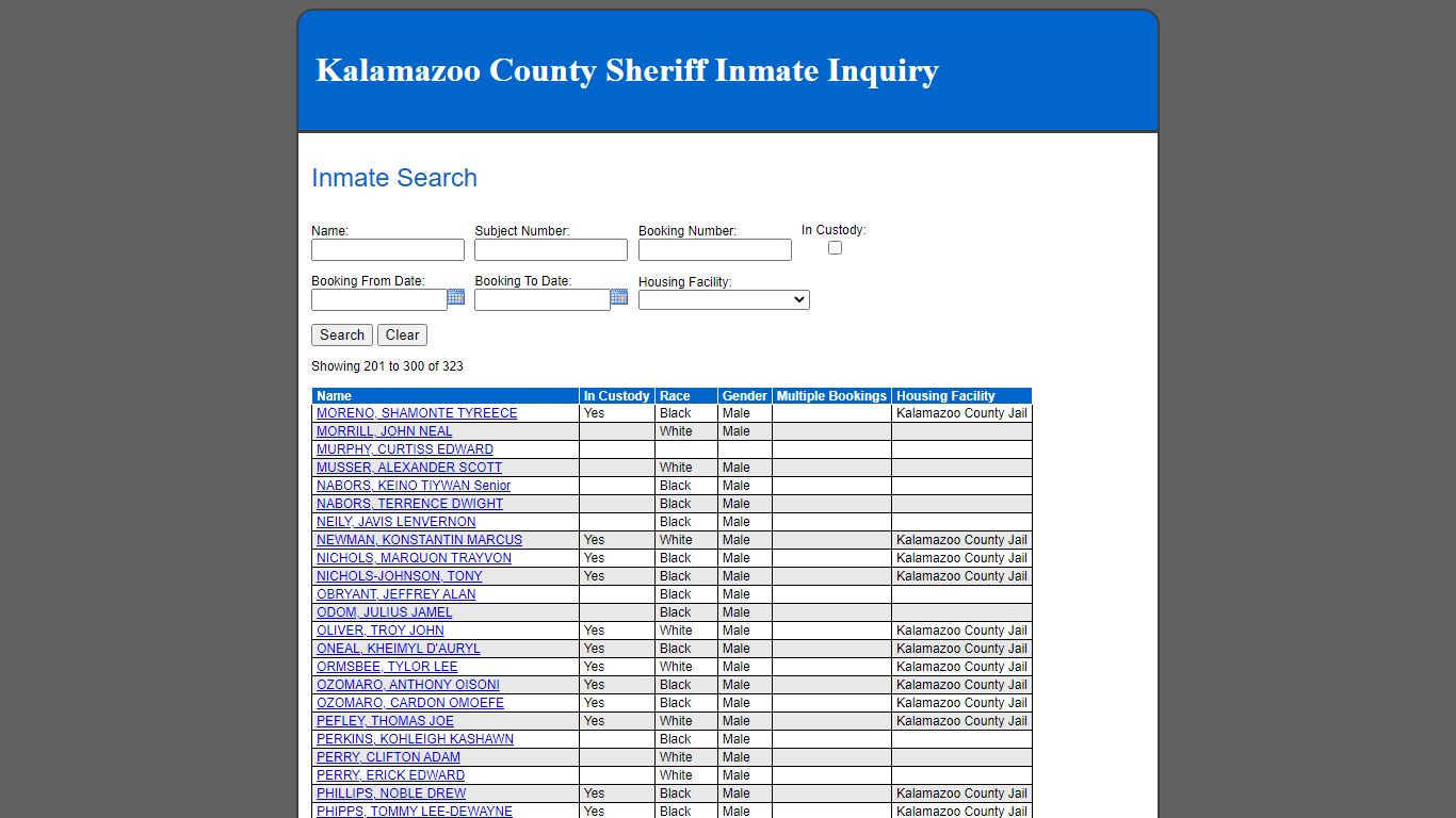 Inmate Search - Kalamazoo County County Consolidated Dispatch
